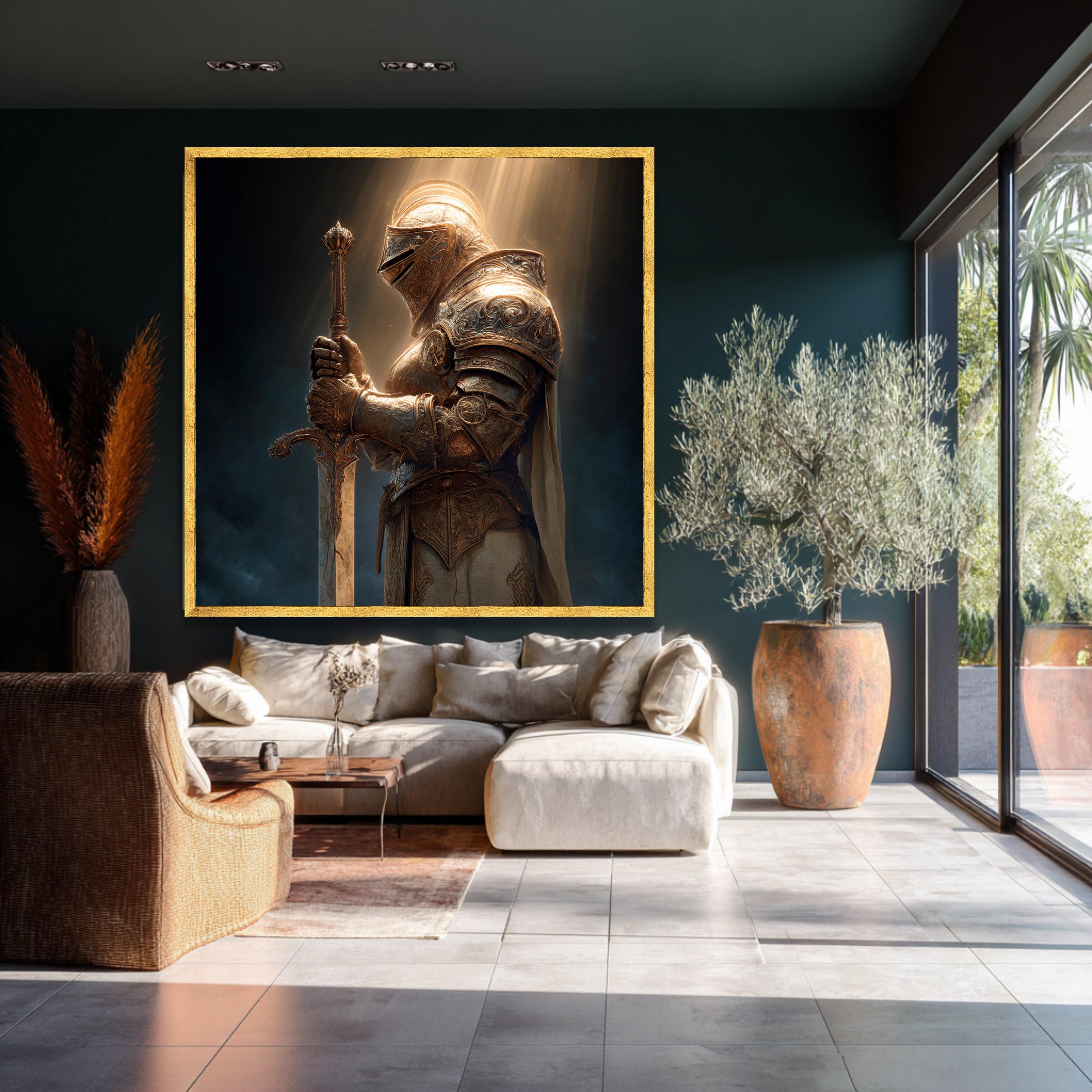 Illuminated Knight Canvas, Golden Armor Fantasy Warrior Wall Art ...