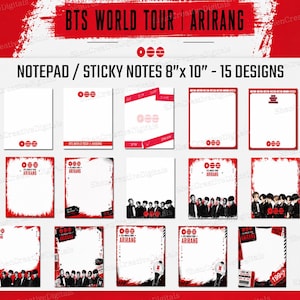 Può includere: Un set di 15 design per blocchi note e foglietti adesivi di 20,32 cm per 25,4 cm, con il testo BTS WORLD TOUR ARIRANG. Il set di cancelleria include vari fogli bianchi con accenti grafici, bordi e immagini fotografiche di colore rosso.