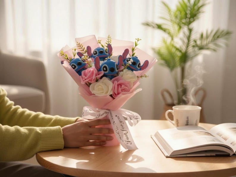 May include: A bouquet featuring blue character plushies, pink and white roses, and greenery, wrapped in pink paper and tied with a ribbon that reads "Just for you". The bouquet is on a wooden table.
