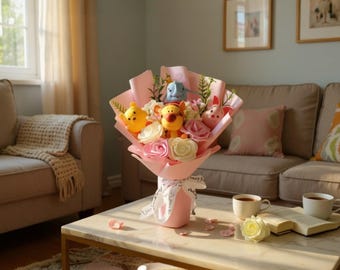 Ramo de peluches de Winnie the Pooh de Disney, adorable arreglo floral de peluche, regalo de cumpleaños para ella, regalo de San Valentín, 36 cm