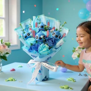 May include: A bouquet featuring blue Stitch plush toys and blue and turquoise roses. The bouquet is wrapped in blue paper and tied with a white ribbon that says "for you". A young girl smiles at the bouquet.