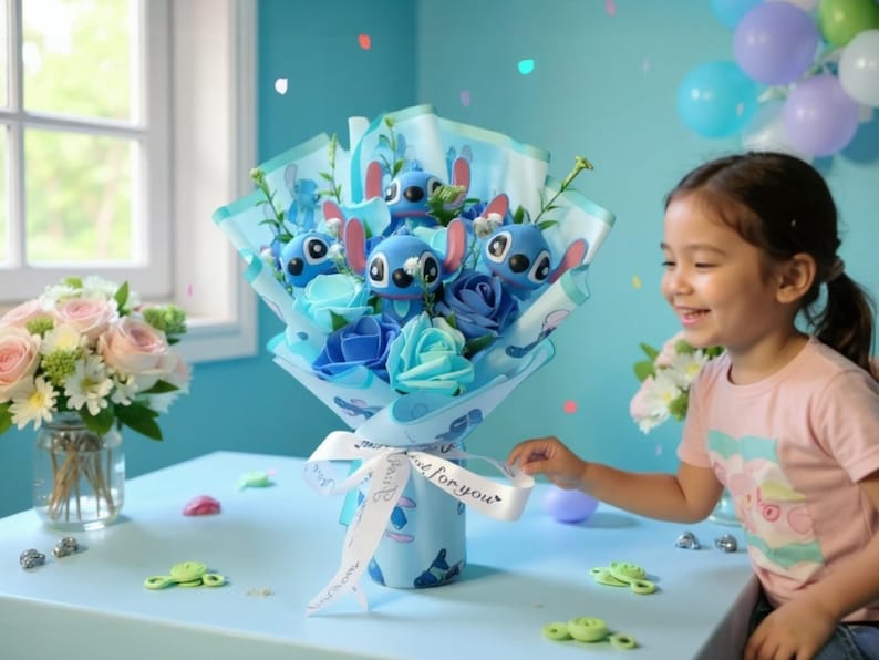 May include: A bouquet featuring blue Stitch plush toys and blue and turquoise roses. The bouquet is wrapped in blue paper and tied with a white ribbon that says "for you". A young girl smiles at the bouquet.