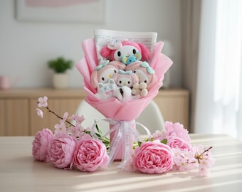 Ramo de peluches de My Melody Cinnamoroll, arreglo floral de peluche kawaii, regalo de cumpleaños para ella, 36 cm