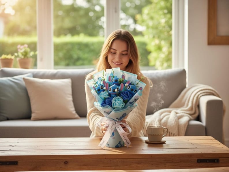 May include: A bouquet of blue and light blue flowers, including roses and character figures, wrapped in patterned paper and tied with a ribbon. The bouquet is held by a person in a cream-colored sweater. A coffee cup sits on a wooden table.