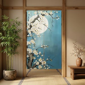 Japanischer Noren Vorhang Weißer Kirschblüten Mond | Türkis Nachthimmel Türschild | Japandi Wohnkultur | Wabi-Sabi | Sakura Geschenk