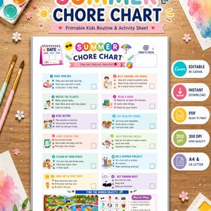 May include: A printable Summer Chore Chart featuring a colorful list of daily tasks for children, including sections for making beds, reading, and outdoor activities. The document includes a hidden object game at the bottom and clear checkboxes.