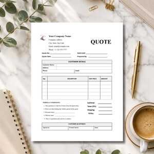 May include: A white paper quote template featuring sections for company information, customer details, a line-item table for quantity, description, unit price, and amount, plus terms and conditions and a customer acceptance signature area.