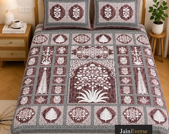 King Size Cotton Bedsheet Set 108x108 | Tree of Life Block Print Bedding | 100% Cotton Bed Sheet with 2 Pillow Covers |Indian Heritage Decor