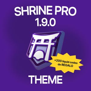 Può includere: Una grafica viola con il testo SHRINE PRO 1.9.0 THEME e un'icona a scudo centrale che mostra un simbolo di porta torii bianca. Una forma a stella gialla sovrappone l'angolo in basso a destra con il testo +200 liquid codes de REGALO.