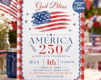 4th of July Invitation Template, America 250 Party Invite, 250th Anniversary Celebration, Editable Canva Patriotic Invite