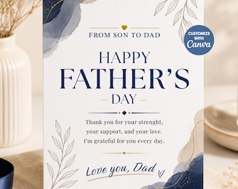 Father’s Day Card Template From Son to Dad, Editable Canva Printable Card, Digital Download Dad Gift