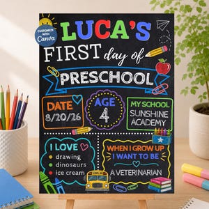 May include: A black chalkboard sign with colorful text and illustrations for a first day of preschool. It features the name Luca, the date 8/20/26, age 4, school name Sunshine Academy, and sections for interests and future career goals.