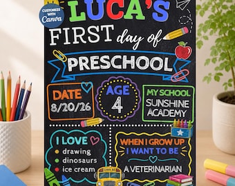 Editable First Day of School Sign Template, Back to School Chalkboard Poster (Digital Download)