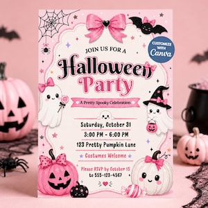 May include: A pink Halloween party invitation featuring a large pink bow, ghosts with bows, and pumpkins. Text includes: Join us for a Halloween Party, A Pretty Spooky Celebration, Saturday, October 31, 3:00 PM - 6:00 PM, 123 Pretty Pumpkin Lane, Costumes Welcome, Please RSVP by October 15 to 555-123-4567.