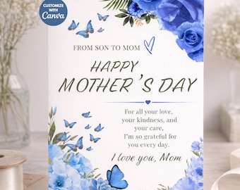 Tarjeta del Día de la Madre de Hijo a Mamá, Plantilla personalizada de Canva, Tarjeta floral azul para mamá