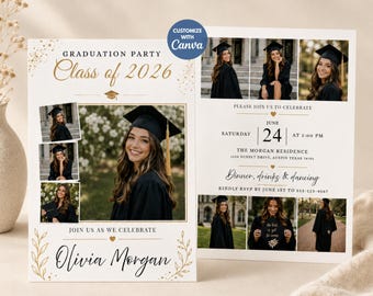 Graduation Invitation Template, Class of 2026 Photo Collage Grad Party Invite, Editable Canva Graduation Card, Digital Download