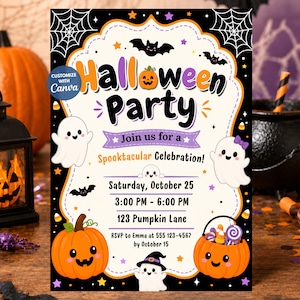 Halloween Party Invitation Template, Editable Canva Halloween Invite, Cute Ghost Pumpkin Trick or Treat Party (Digital Download)