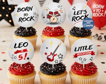 Rock Cupcake Toppers, Editable Canva Template, Born to Rock Party Decor (Digital Download)