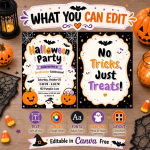 Halloween Party Invitation Template, Editable Canva Halloween Invite, Cute Ghost Pumpkin Trick or Treat Party (Digital Download) image 4