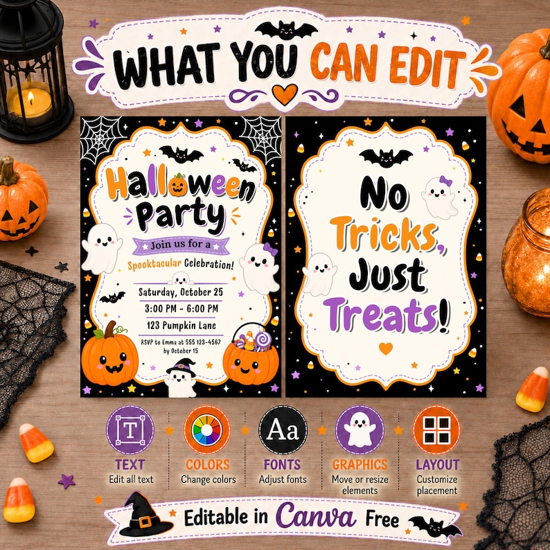 Halloween Party Invitation Template, Editable Canva Halloween Invite, Cute Ghost Pumpkin Trick or Treat Party (Digital Download) image 4