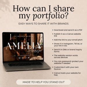 Puede incluir: Un ordenador port&aacute;til que muestra un portafolio titulado Amelia Harrison UGC Creator Portfolio. El texto dice: How can I share my portfolio? Easy ways to share it with brands: Descargar como PDF, publicar como enlace de Canva, a&ntilde;adir al correo, compartir en redes sociales, enviar por DM.