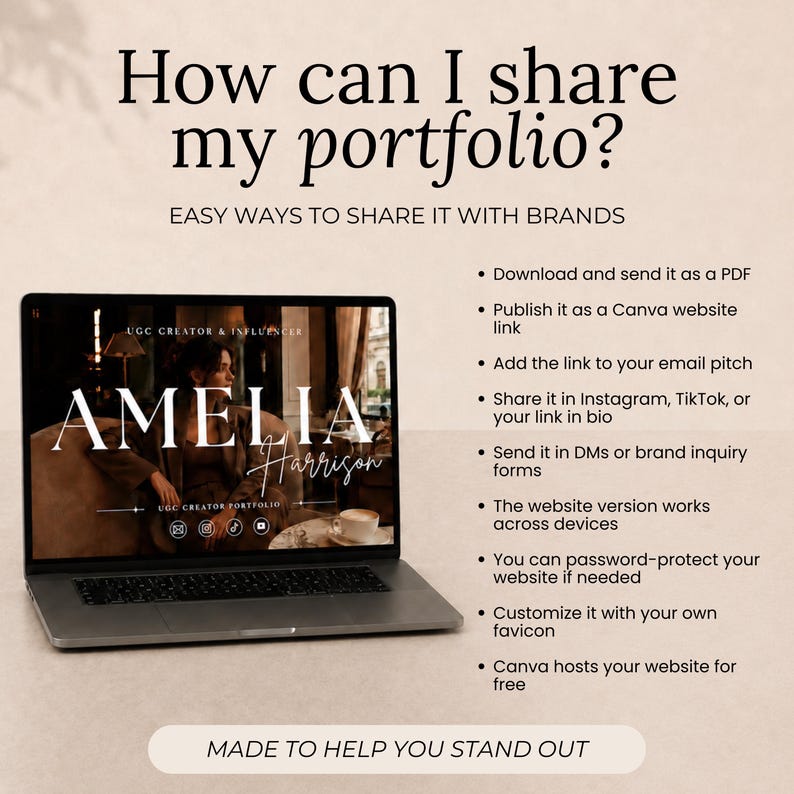 Puede incluir: Un ordenador port&aacute;til que muestra un portafolio titulado Amelia Harrison UGC Creator Portfolio. El texto dice: How can I share my portfolio? Easy ways to share it with brands: Descargar como PDF, publicar como enlace de Canva, a&ntilde;adir al correo, compartir en redes sociales, enviar por DM.