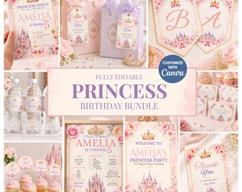 Editable Princess Birthday Bundle, Canva Pink Royal Party Templates, Fairytale Party, Digital Download