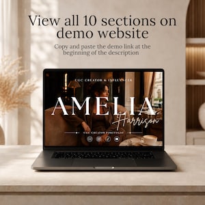 Puede incluir: Un port&aacute;til que muestra un sitio web de portafolio digital para una creadora de UGC llamada Amelia Harrison. La pantalla muestra una foto oscura, el texto UGC CREATOR & INFLUENCER e iconos de redes sociales. El texto superior dice View all 10 sections.