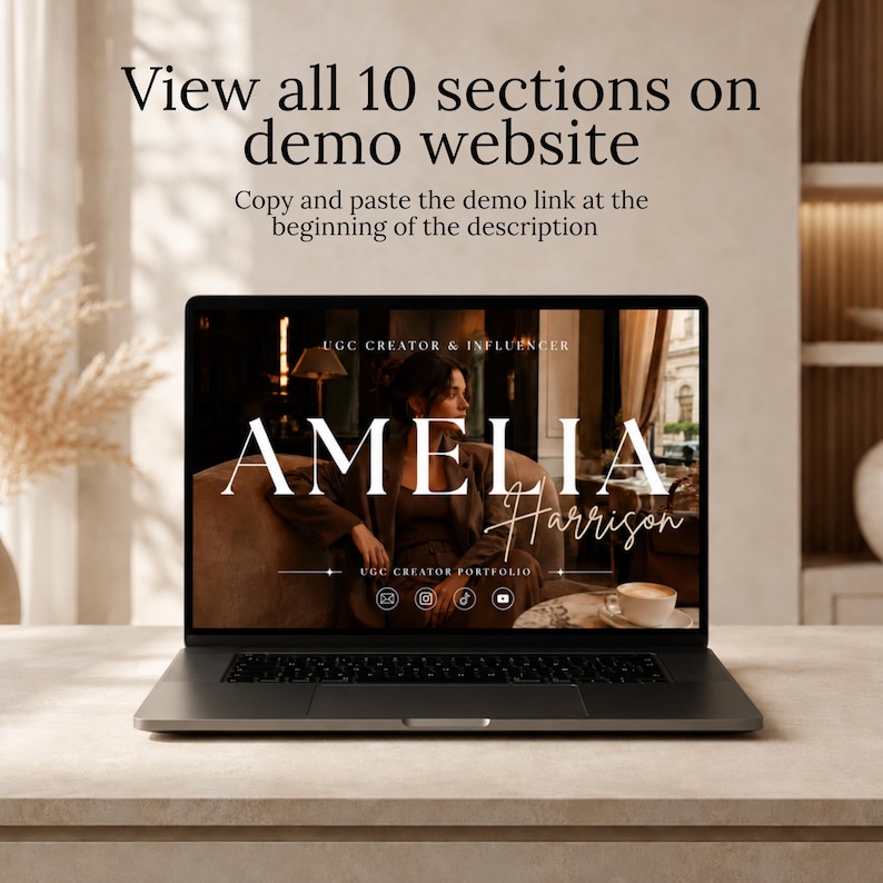 Puede incluir: Un port&aacute;til que muestra un sitio web de portafolio digital para una creadora de UGC llamada Amelia Harrison. La pantalla muestra una foto oscura, el texto UGC CREATOR & INFLUENCER e iconos de redes sociales. El texto superior dice View all 10 sections.