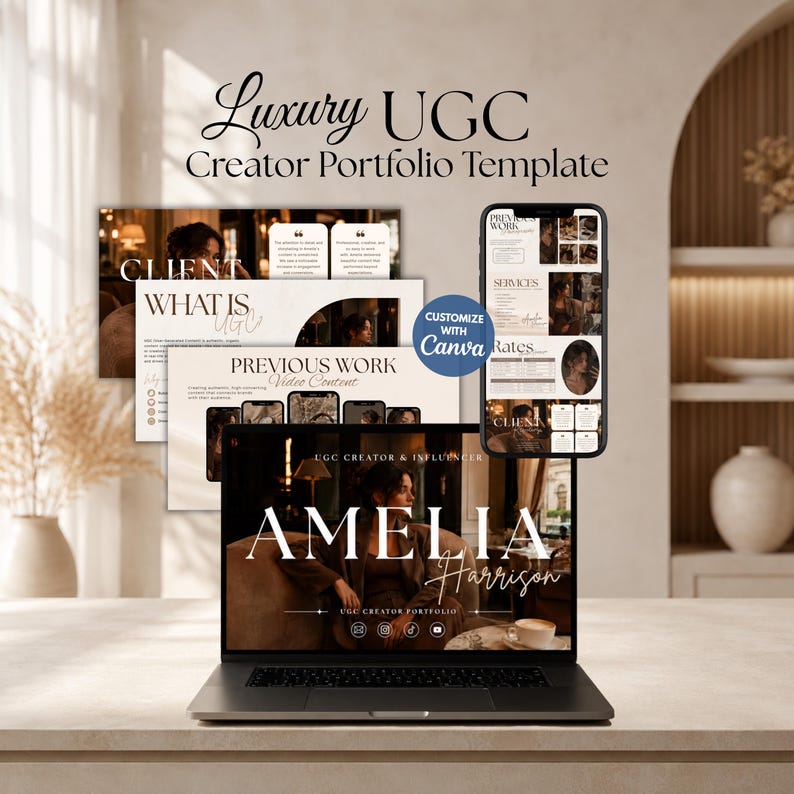 Puede incluir: Una plantilla de portafolio digital para creadores de UGC mostrada en una pantalla de port&aacute;til y tel&eacute;fono inteligente. El dise&ntilde;o incluye el texto Luxury UGC Creator Portfolio Template y Amelia Harrison. Una insignia azul dice Customize with Canva.