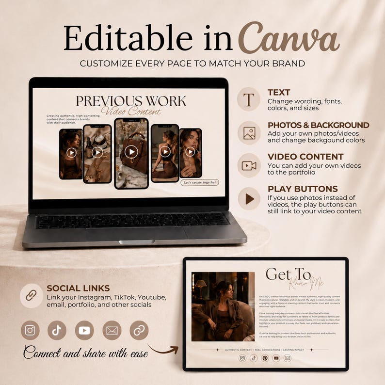Puede incluir: Un ordenador port&aacute;til y una tableta que muestran plantillas de portafolio digital con el texto Editable in Canva, Previous Work y Get To Know Me. Las pantallas muestran contenido de v&iacute;deo, botones de reproducci&oacute;n e iconos de redes sociales.