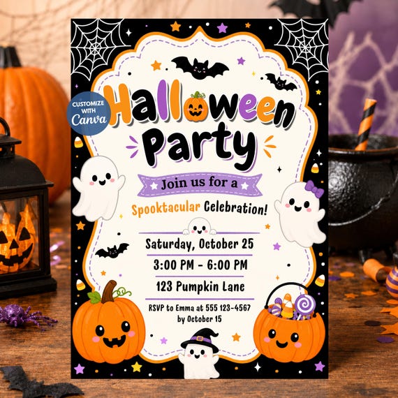 Halloween Party Invitation Template, Editable Canva Halloween Invite, Cute Ghost Pumpkin Trick or Treat Party (Digital Download)
