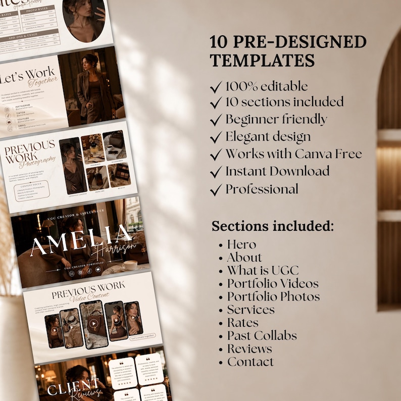 Puede incluir: Un conjunto de plantillas digitales con 10 secciones predise&ntilde;adas para portafolios. El texto incluye 10 PRE-DESIGNED TEMPLATES, 100% editable, 10 sections included, Beginner friendly, Elegant design, Works with Canva Free, Instant Download, Professional.