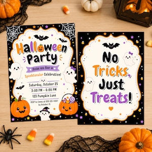 May include: Two rectangular Halloween party invitation cards with black backgrounds, white scalloped borders, and colorful illustrations of ghosts, bats, and pumpkins. The text reads Halloween Party, Join us for a Spooktacular Celebration, and No Tricks, Just Treats.