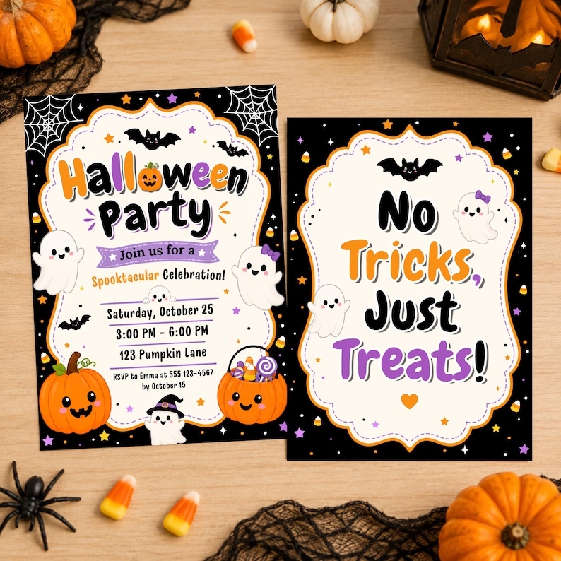 May include: Two rectangular Halloween party invitation cards with black backgrounds, white scalloped borders, and colorful illustrations of ghosts, bats, and pumpkins. The text reads Halloween Party, Join us for a Spooktacular Celebration, and No Tricks, Just Treats.
