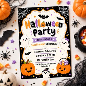 Halloween Party Invitation Template, Editable Canva Halloween Invite, Cute Ghost Pumpkin Trick or Treat Party (Digital Download) image 3