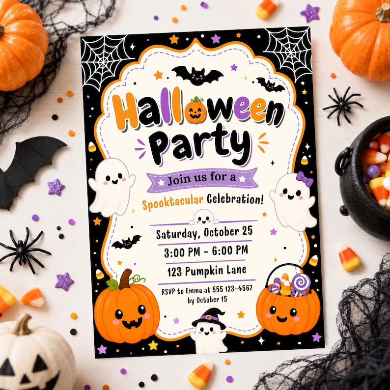 Halloween Party Invitation Template, Editable Canva Halloween Invite, Cute Ghost Pumpkin Trick or Treat Party (Digital Download) image 3
