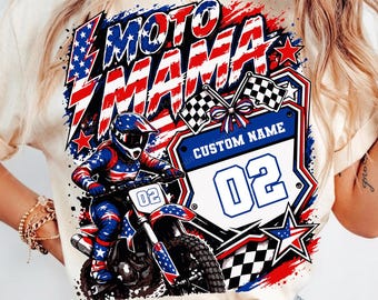 Personalized Patriotic Motocross Mama SVG PNG,  Custom Name Number Patriotic Dirt Bike png USA Flag Checkered Grunge Women's Motorcycle Gift