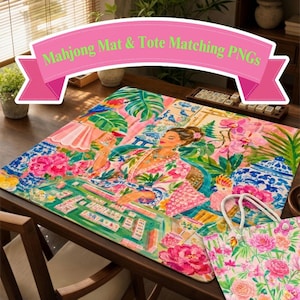 May include: A rectangular mahjong mat and a matching tote bag featuring a vibrant, colorful illustration of a person playing mahjong surrounded by tropical flowers, parrots, and blue and white pottery. The text Mahjong Mat & Tote Matching PNGs is displayed on a pink banner across the top.