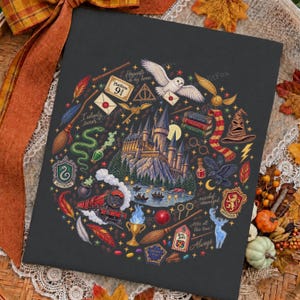 May include: A black rectangular print featuring a circular arrangement of Harry Potter themed illustrations including a castle, a steam train, a snowy owl, a sorting hat, house crests, wands, and various magical items with the text Mischief managed.