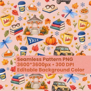 Op de afbeelding: Een naadloos patroon met gele Luke's koffiemokken, blauwe koffiebekers, stapels boeken, pompoenen, priëlen, blauwe libellen, gele terreinwagens, Yale-wimpels en herfstbladeren op een lichtroze achtergrond met een tekstoverlay.