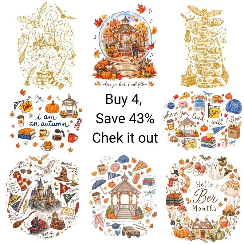 May include: A collection of nine digital illustrations featuring various seasonal and fantasy-themed motifs, including a castle, a gazebo, directional signs, and autumn elements, with the central text reading Buy 4, Save 43% Chek it out.