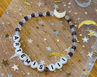 Artemis III Bracelet, Artemis II NASA Inspired, Glass Beads, Moon Charm, Purple Translucent, Nasa Merchanise, Artemis Merchandise & Gift
