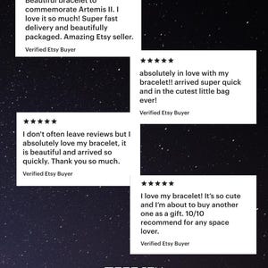 May include: Image featuring customer reviews for Moonjoy Bracelets. The reviews, set against a starry background, highlight positive feedback on bracelet quality, fast delivery, and overall satisfaction. The Moonjoy Bracelets logo is at the bottom.