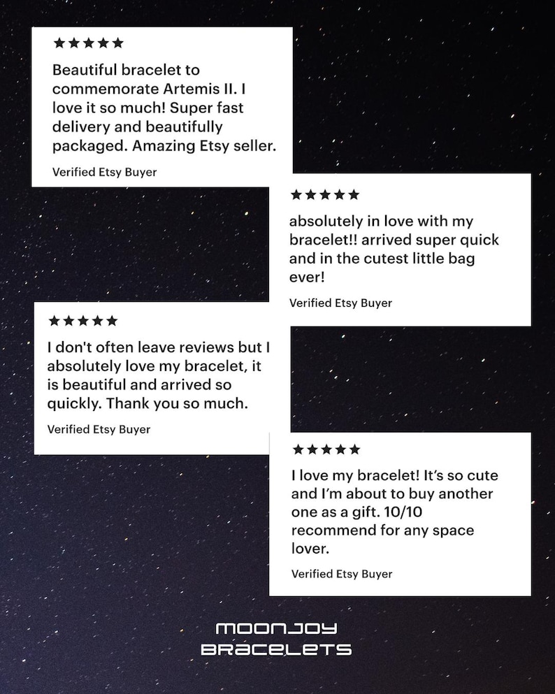 May include: Image featuring customer reviews for Moonjoy Bracelets. The reviews, set against a starry background, highlight positive feedback on bracelet quality, fast delivery, and overall satisfaction. The Moonjoy Bracelets logo is at the bottom.