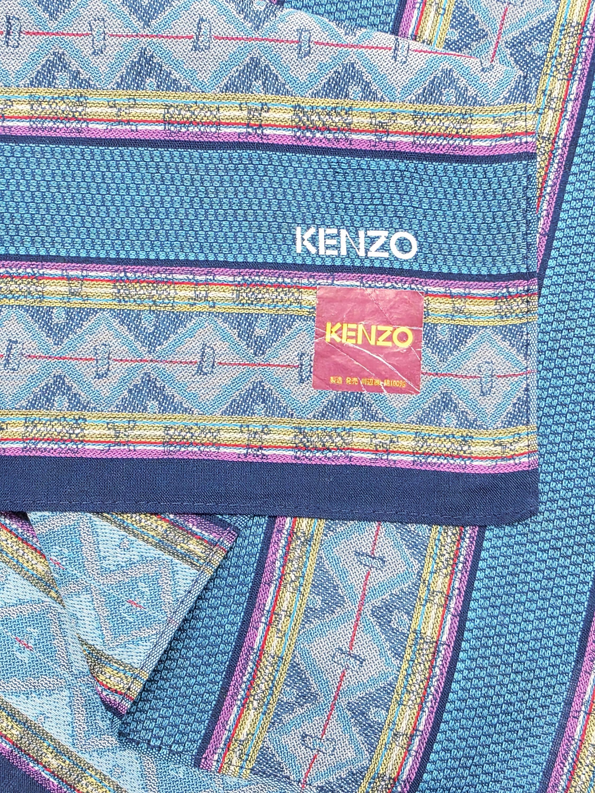 KENZO Vintage Handkerchief 18in Graphic Blue Motif Cotton ThePocketPast