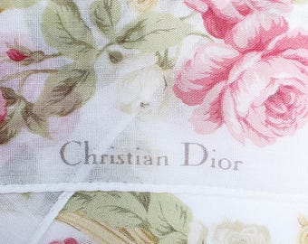 CHRISTIAN DIOR Vintage Handkerchief Late 20th-Century Beige Floral Bouquet Cotton | ThePocketPast