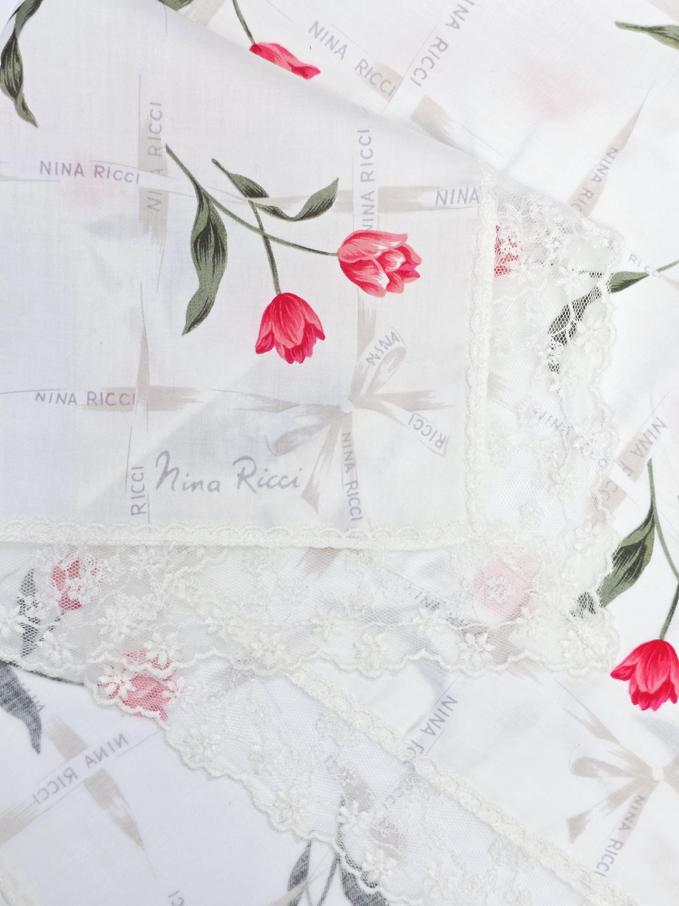 Nina Ricci Vintage Handkerchief Beige Cotton Ornate Floral Lace Border ThePocketPast