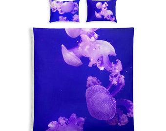 Purple Jellyfish Duvet Cover Cotton Bed Set | Ocean Marine Life Print