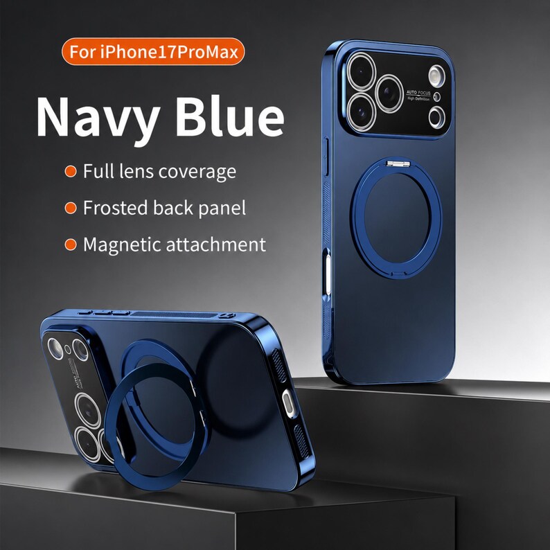 May include: Navy blue iPhone 17 ProMax case with full lens coverage, a frosted back panel, and magnetic attachment. The case features a ring holder and the text "Navy Blue".